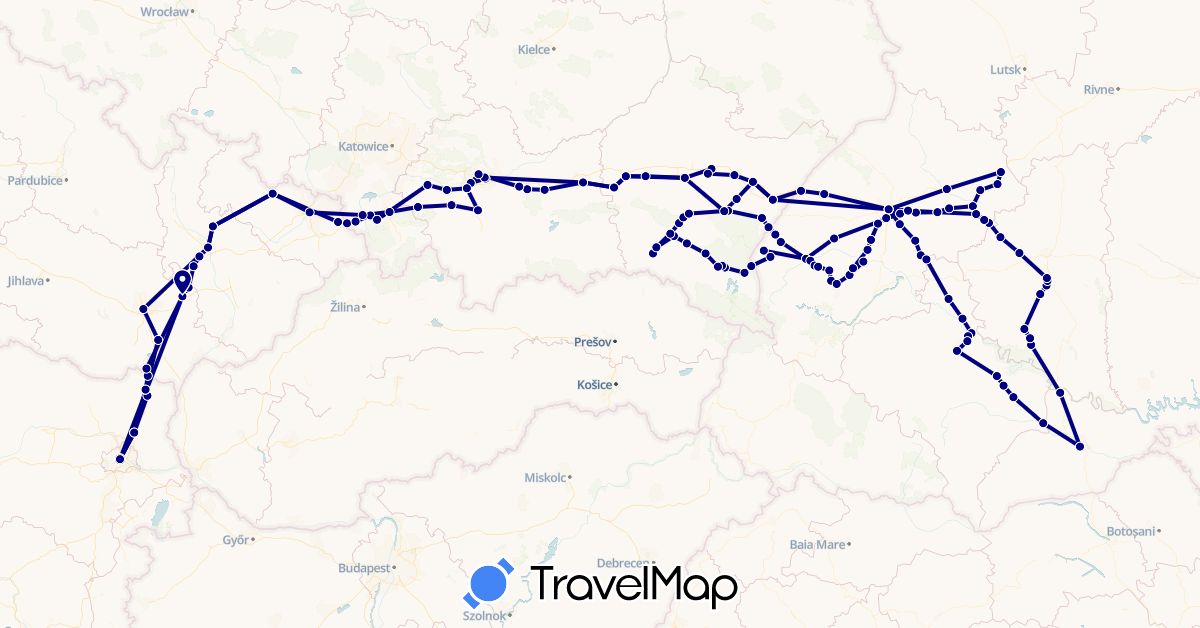 TravelMap itinerary: driving in Austria, Czech Republic, Poland, Ukraine (Europe)