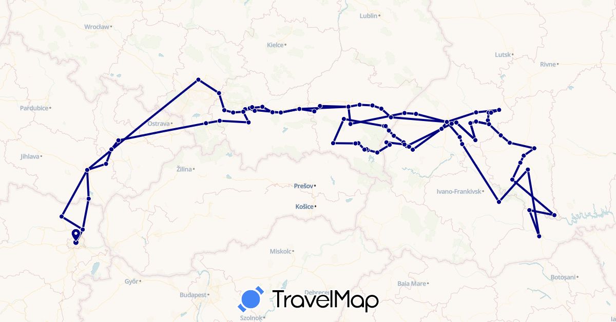 TravelMap itinerary: driving in Austria, Czech Republic, Poland, Ukraine (Europe)